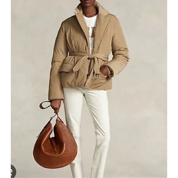 Polo Ralph Lauren $598 Women's Water-Repellent Belted Down Jacket Tan Large NWT - Picture 1 of 8